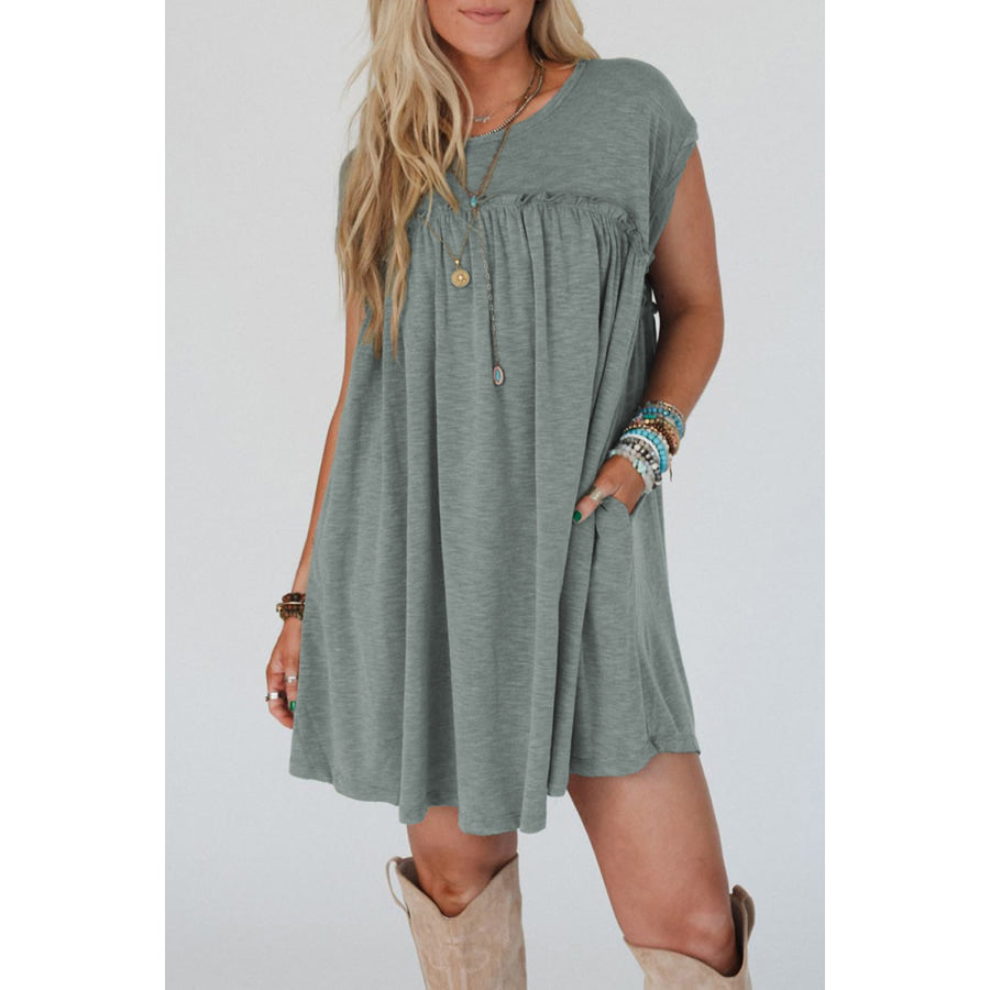 Mist Green Frilled Gathered Seam Round Neck T Shirt Dress Dresses/T Shirt Dresses
