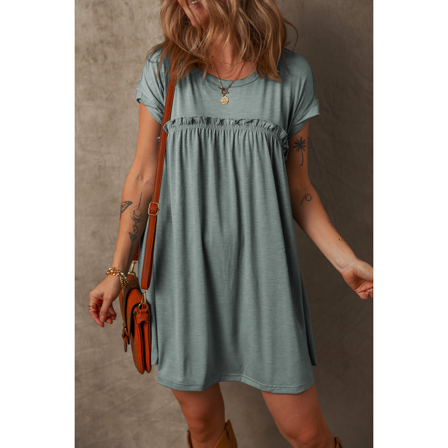 Mist Green Frilled Gathered Seam Round Neck T Shirt Dress Mist Green / S / 65% Polyester + 30% Viscose + 5% Elastane Dresses/T Shirt Dresses