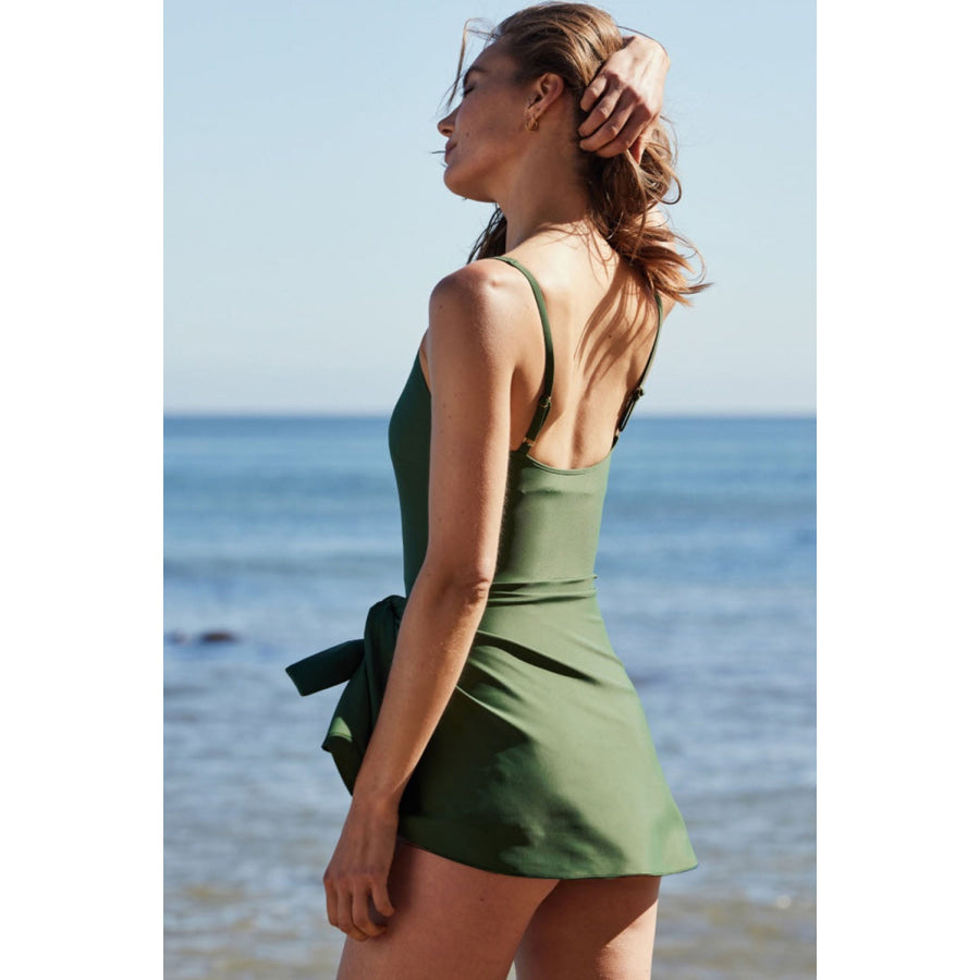 Mist Green Side Tied Waist Square Neck Adjustable Straps A-line One Piece Swim Dress Swimwear/Swim Dresses