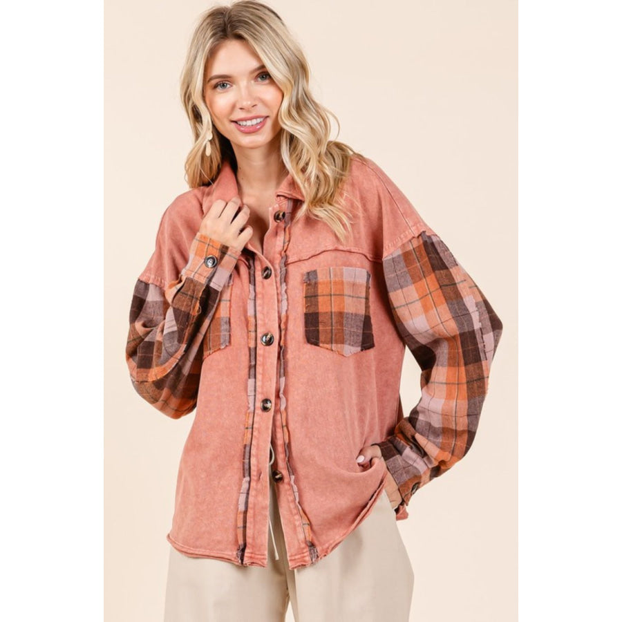 Mittoshop Button Down Contrast Plaid Patchwork Shacket Apparel and Accessories