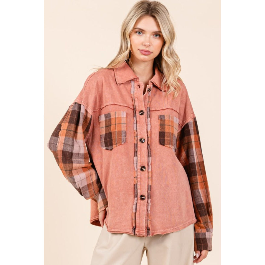 Mittoshop Button Down Contrast Plaid Patchwork Shacket Apparel and Accessories