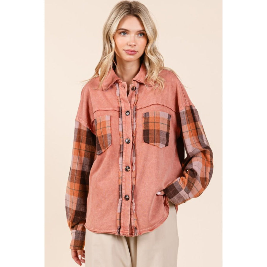 Mittoshop Button Down Contrast Plaid Patchwork Shacket Apparel and Accessories