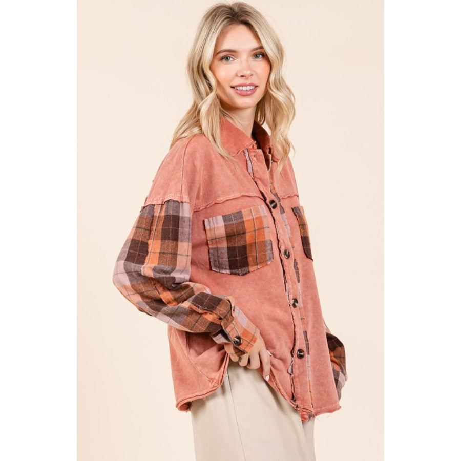 Mittoshop Button Down Contrast Plaid Patchwork Shacket Apparel and Accessories