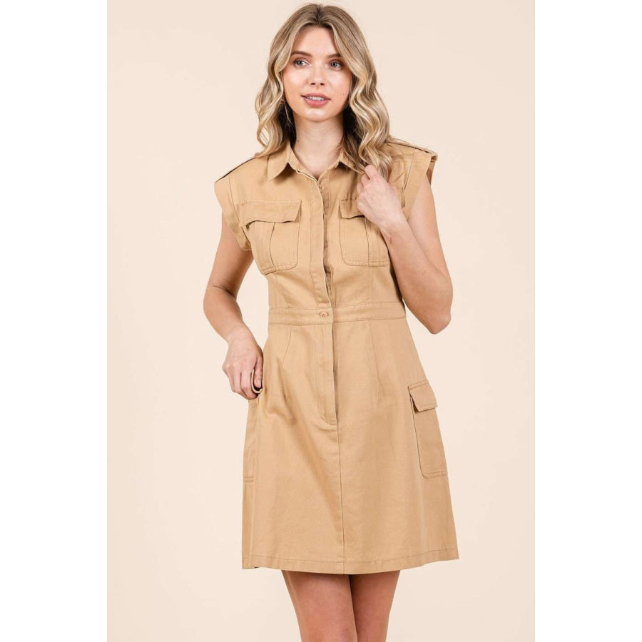 Mittoshop Cargo Pocket Half Button Mini Dress Apparel and Accessories