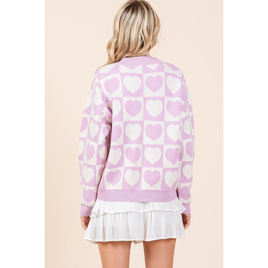 Mittoshop Checkered Heart Button Down Cardigan Lilac / S Apparel and Accessories