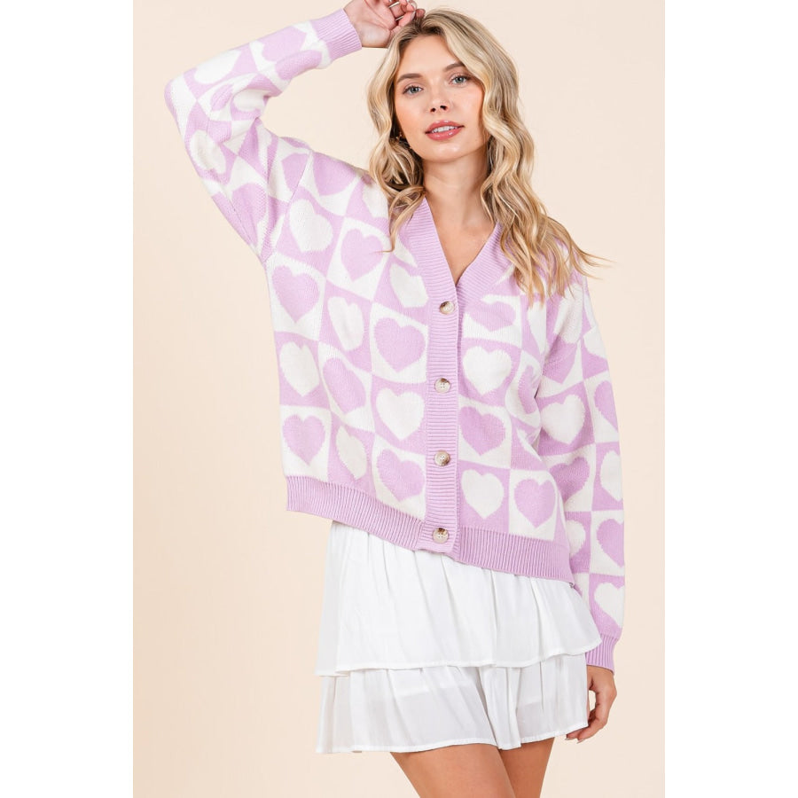 Mittoshop Checkered Heart Button Down Cardigan Lilac / S Apparel and Accessories