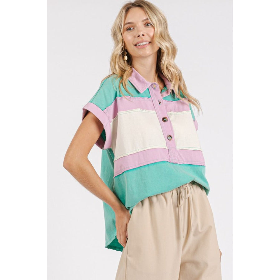 Mittoshop Color Block Henley Short Sleeve Polo Shirt Apparel and Accessories