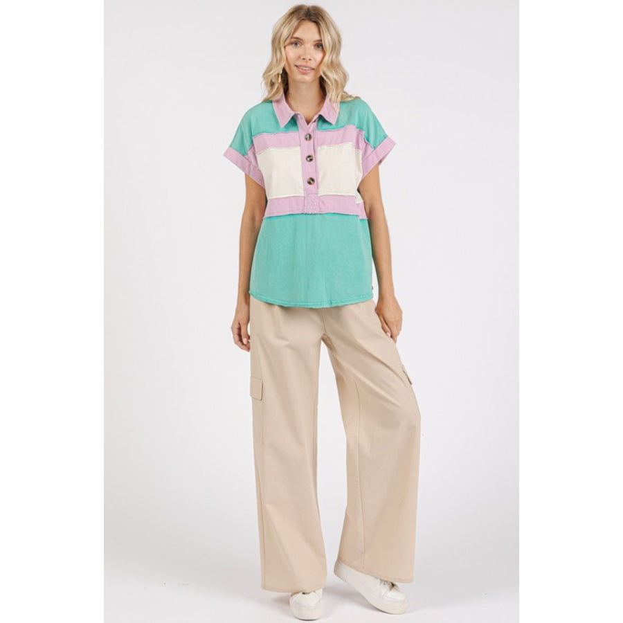Mittoshop Color Block Henley Short Sleeve Polo Shirt Apparel and Accessories