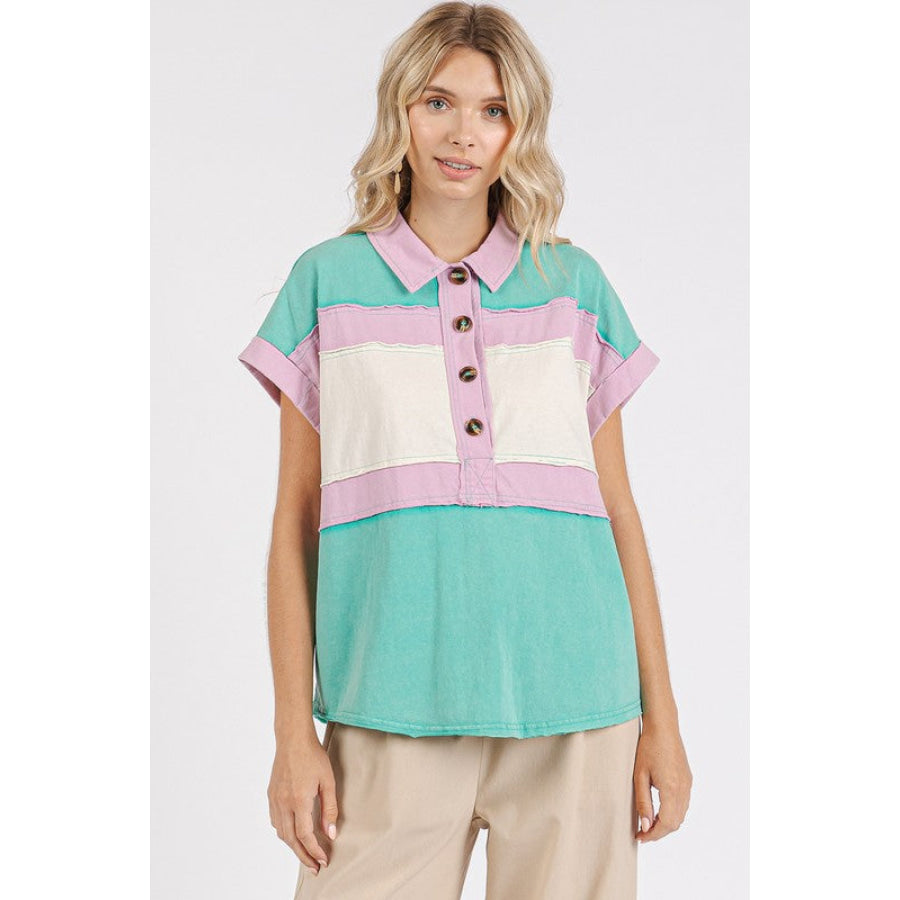 Mittoshop Color Block Henley Short Sleeve Polo Shirt Seafoam / S Apparel and Accessories
