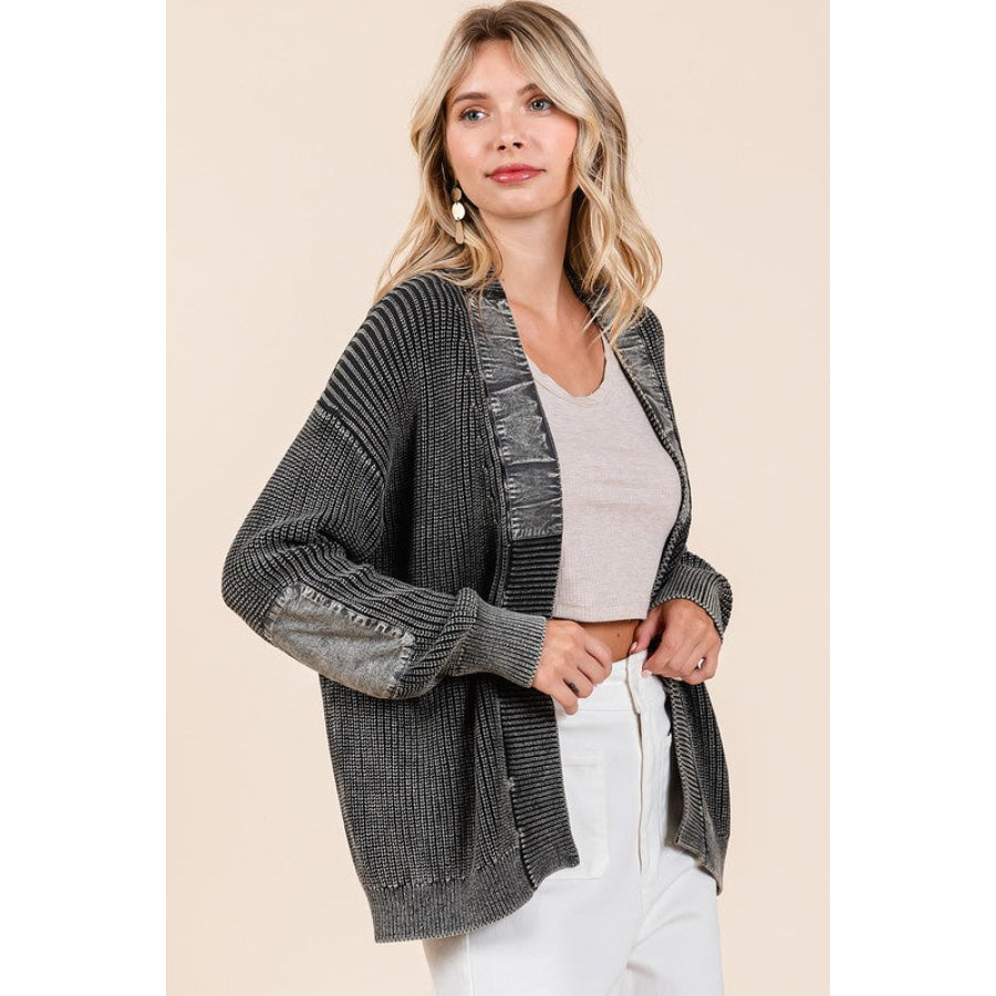 Mittoshop Contrast Patch Open Front Mineral Wash Cardigan Apparel and Accessories