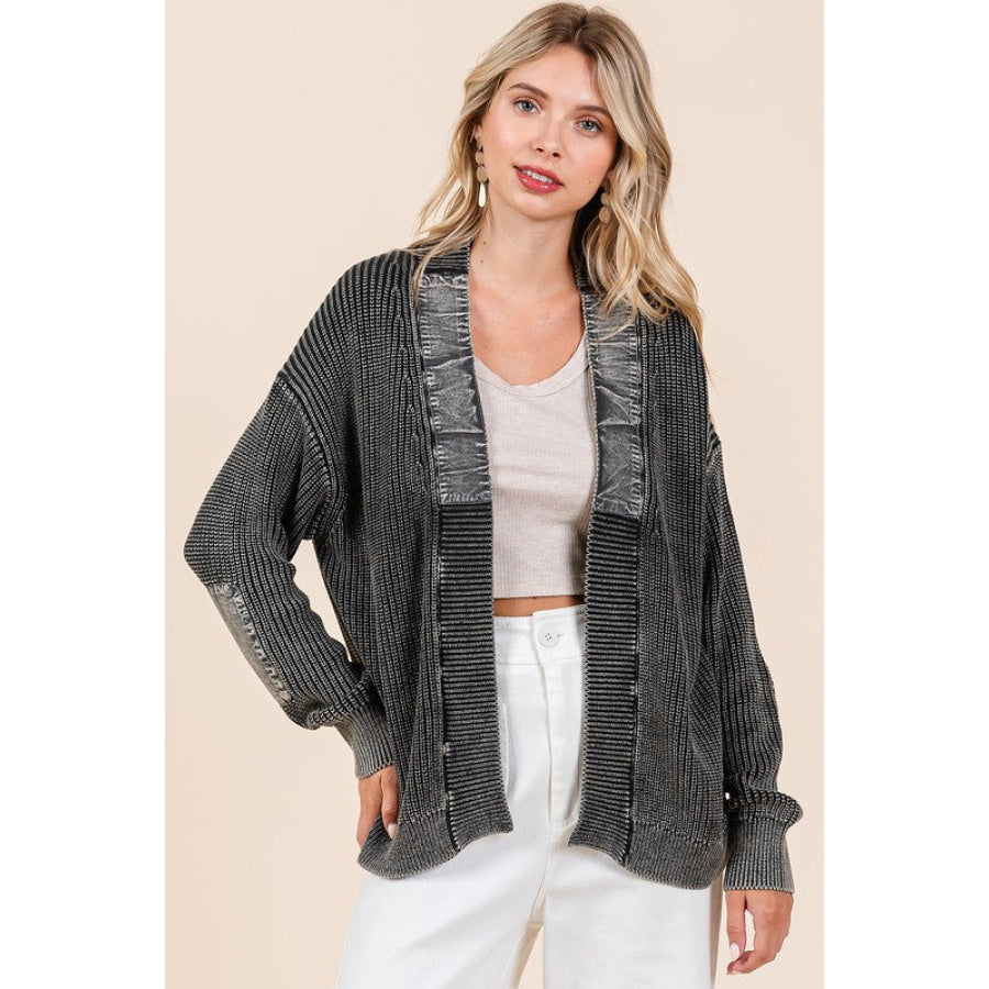 Mittoshop Contrast Patch Open Front Mineral Wash Cardigan Black / S Apparel and Accessories