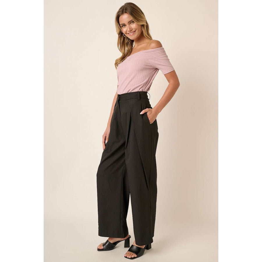 Mittoshop Deep Pleated High Waisted Wide Leg Pants Apparel and Accessories