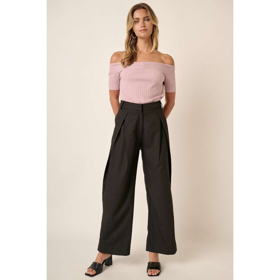 Mittoshop Deep Pleated High Waisted Wide Leg Pants Black / S Apparel and Accessories