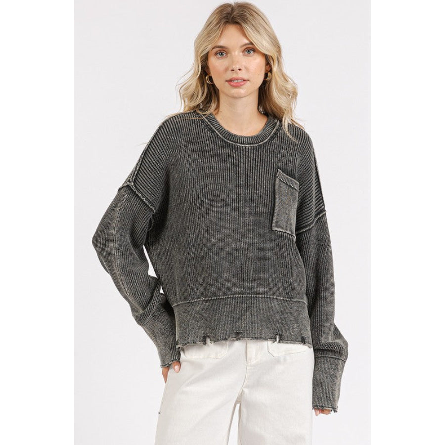 Mittoshop Distressed Hem Round Neck Dropped Shoulder Sweater Apparel and Accessories