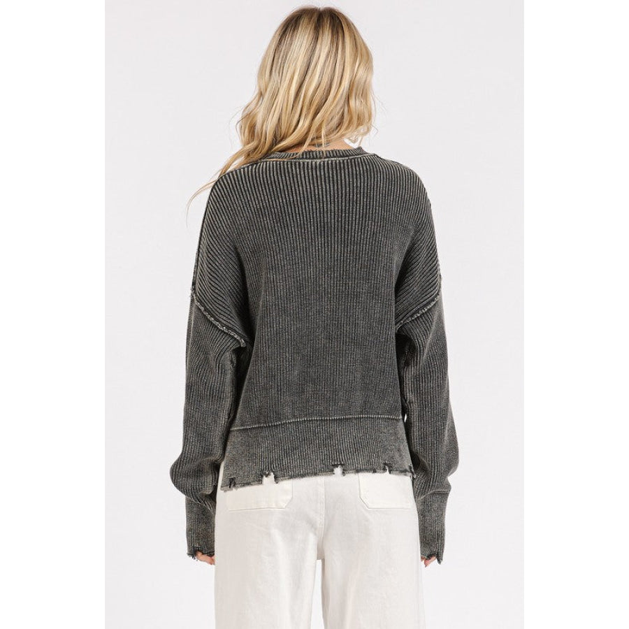 Mittoshop Distressed Hem Round Neck Dropped Shoulder Sweater Dark Gray / S Apparel and Accessories