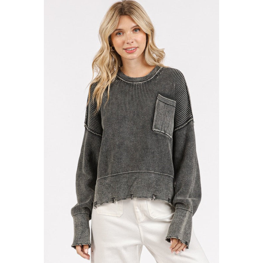 Mittoshop Distressed Hem Round Neck Dropped Shoulder Sweater Dark Gray / S Apparel and Accessories