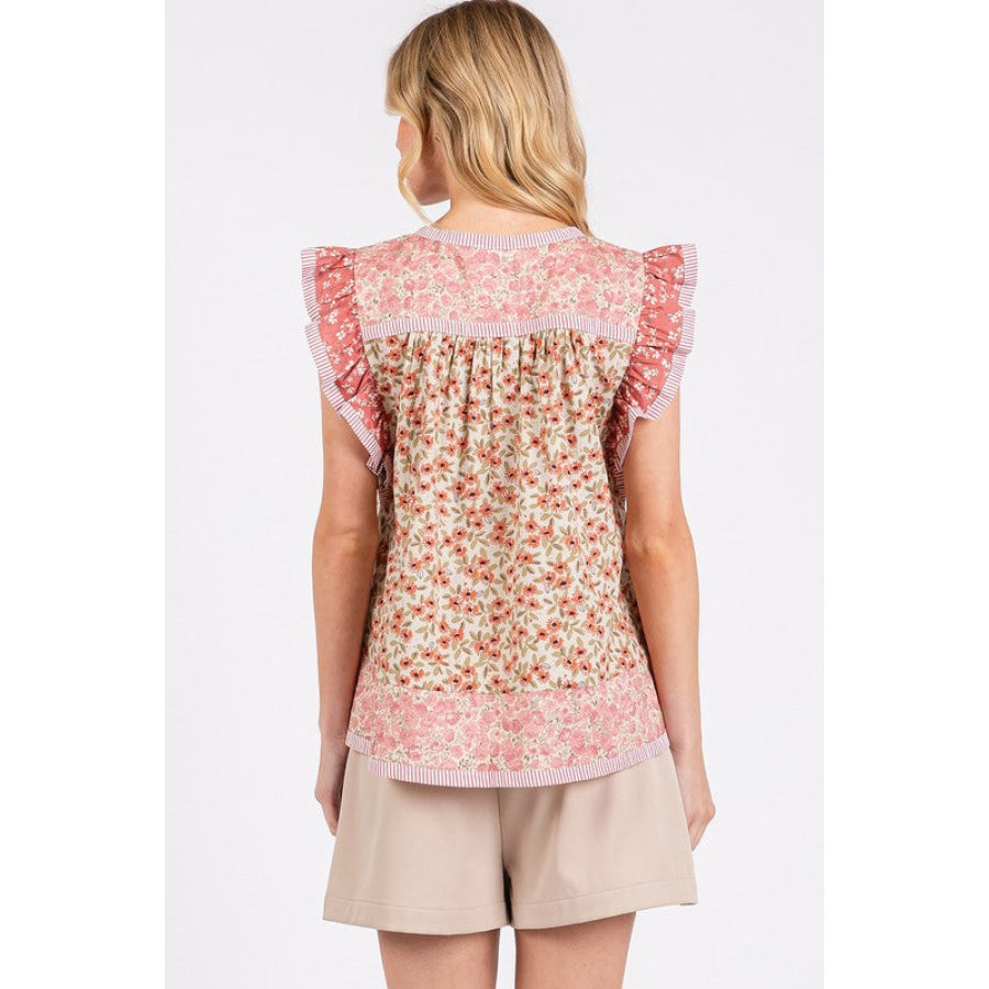 Mittoshop Floral Notched Ruffled Cap Sleeve Blouse Apparel and Accessories