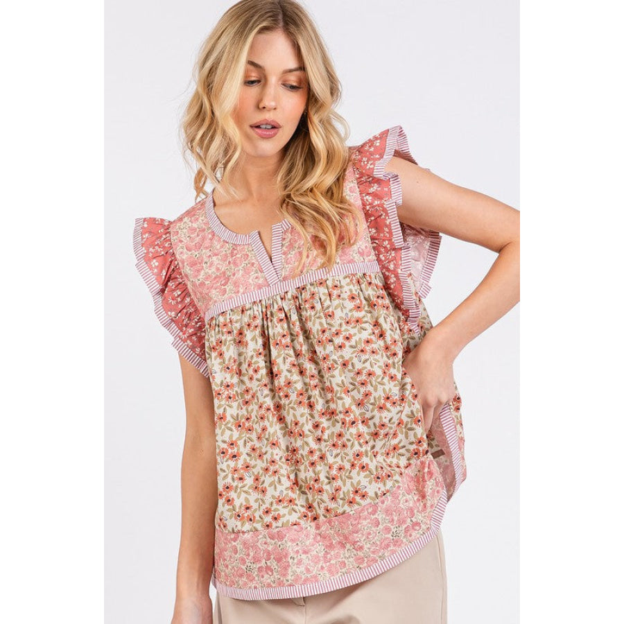 Mittoshop Floral Notched Ruffled Cap Sleeve Blouse Apparel and Accessories