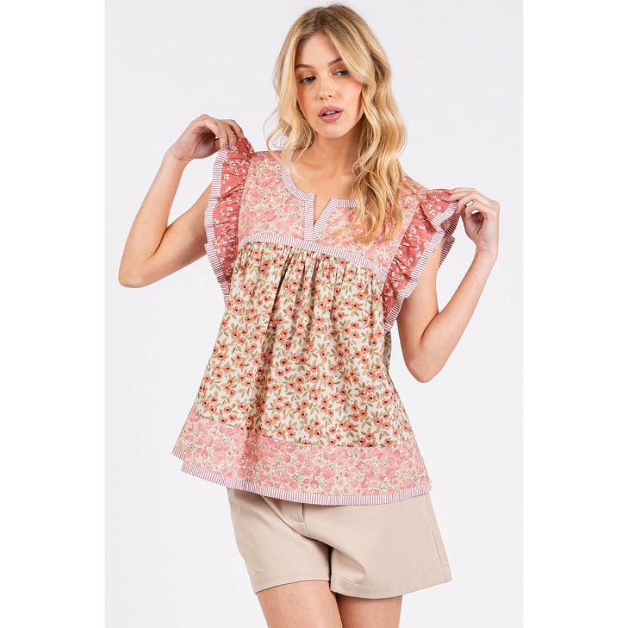 Mittoshop Floral Notched Ruffled Cap Sleeve Blouse Apparel and Accessories