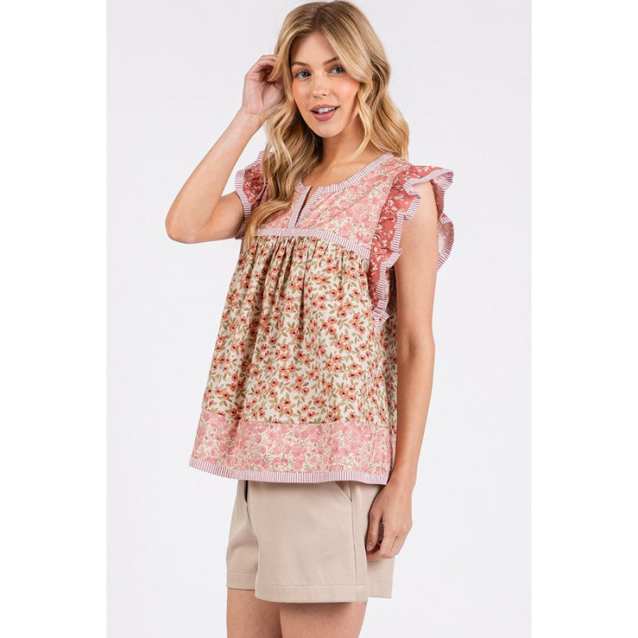 Mittoshop Floral Notched Ruffled Cap Sleeve Blouse Apparel and Accessories