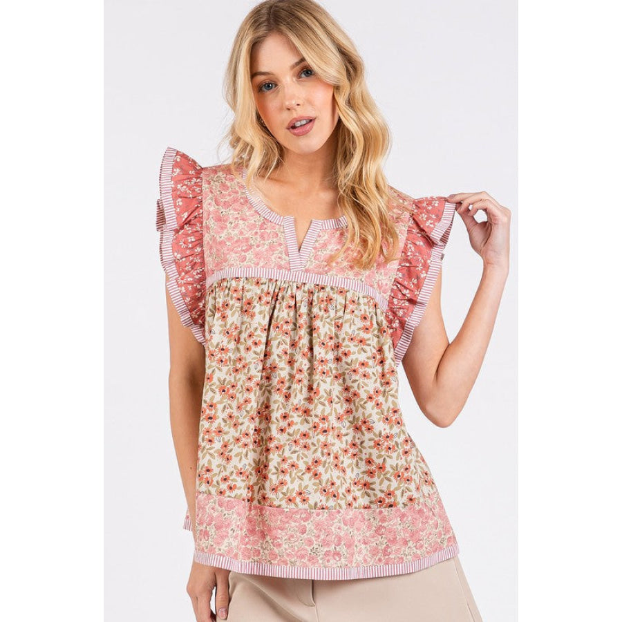 Mittoshop Floral Notched Ruffled Cap Sleeve Blouse Rose Pink / S Apparel and Accessories