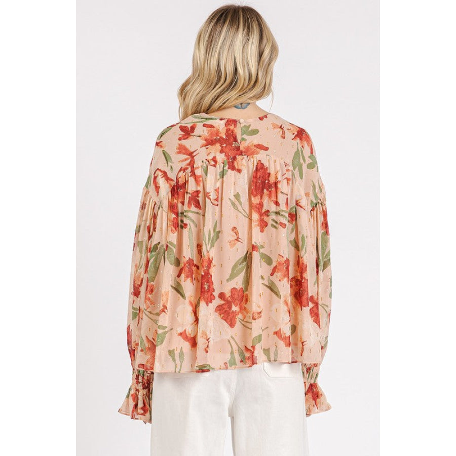 Mittoshop Floral Round Neck Flounce Sleeve Blouse Apparel and Accessories