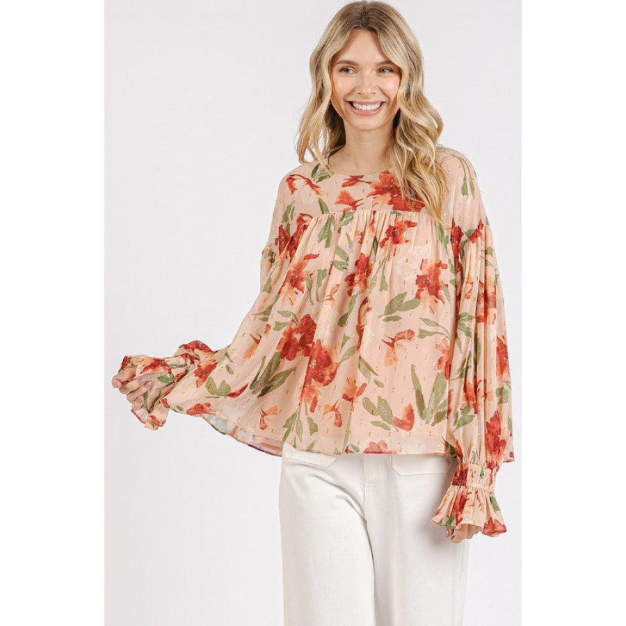 Mittoshop Floral Round Neck Flounce Sleeve Blouse Apparel and Accessories