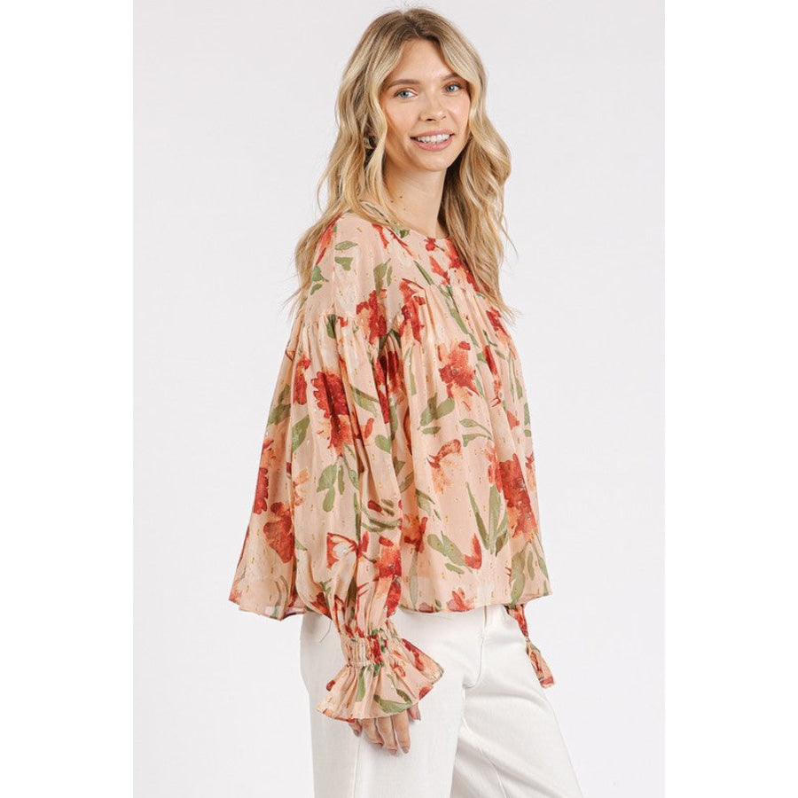 Mittoshop Floral Round Neck Flounce Sleeve Blouse Apparel and Accessories