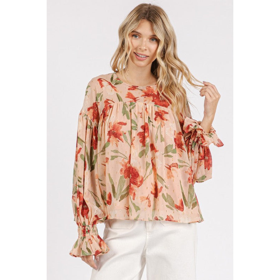 Mittoshop Floral Round Neck Flounce Sleeve Blouse Blush / S Apparel and Accessories