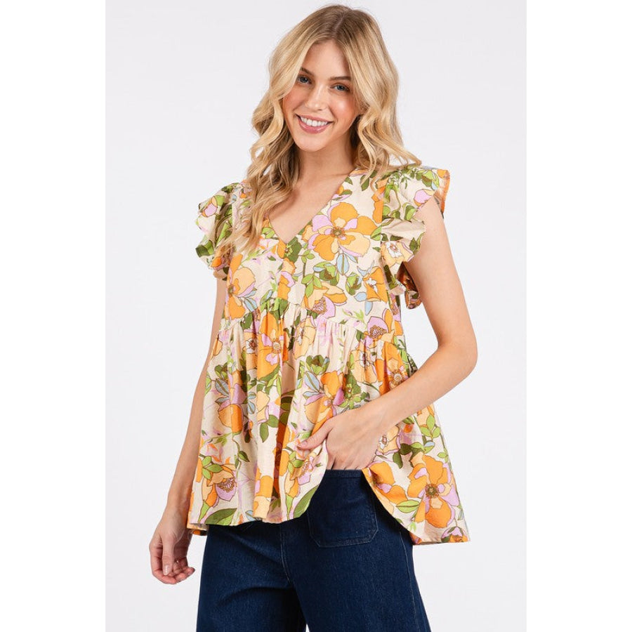 Mittoshop Floral V-Neck Ruffled Cap Sleeve Blouse Apparel and Accessories