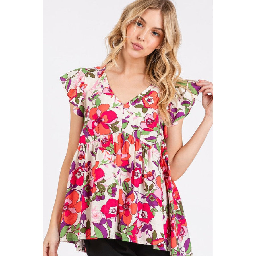 Mittoshop Floral V-Neck Ruffled Cap Sleeve Blouse Apparel and Accessories