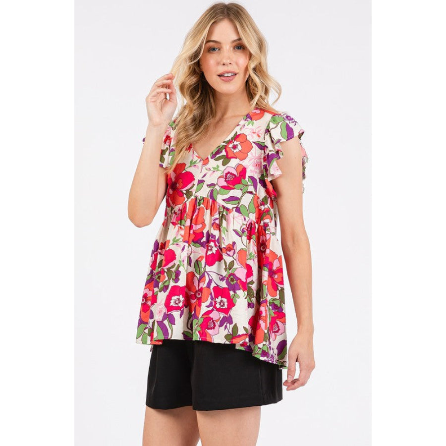 Mittoshop Floral V-Neck Ruffled Cap Sleeve Blouse Apparel and Accessories