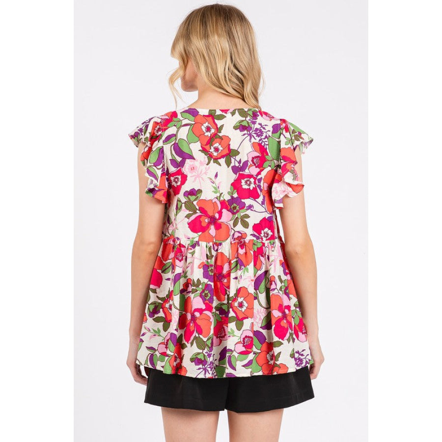 Mittoshop Floral V-Neck Ruffled Cap Sleeve Blouse Apparel and Accessories