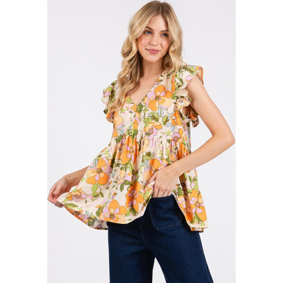 Mittoshop Floral V-Neck Ruffled Cap Sleeve Blouse Apparel and Accessories