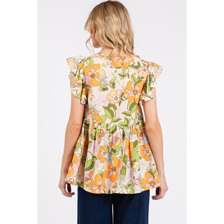 Mittoshop Floral V-Neck Ruffled Cap Sleeve Blouse Apparel and Accessories