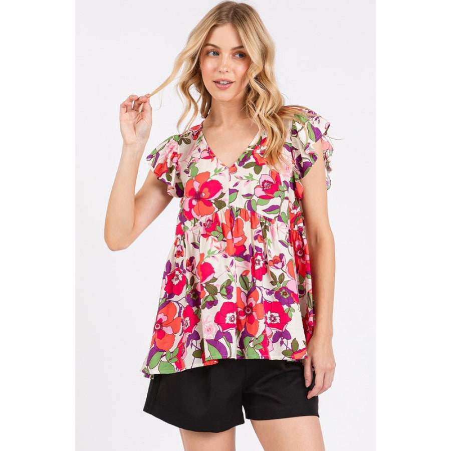 Mittoshop Floral V-Neck Ruffled Cap Sleeve Blouse Red / S Apparel and Accessories