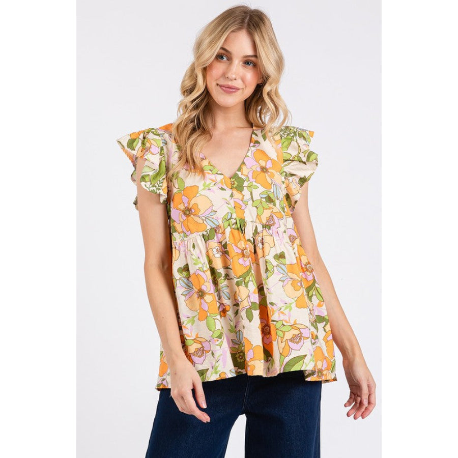 Mittoshop Floral V-Neck Ruffled Cap Sleeve Blouse Tangerine / S Apparel and Accessories