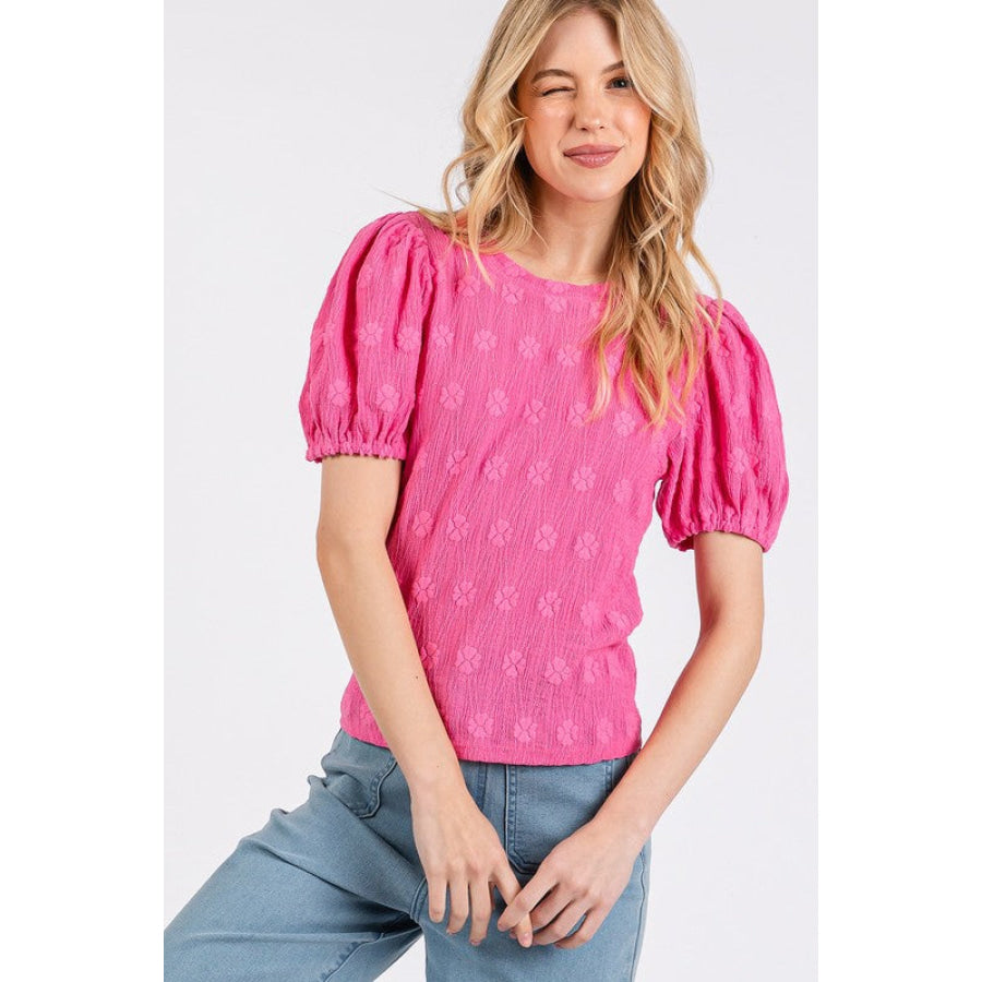 Mittoshop Flower Pattern Round Neck Short Sleeve Top Hot Pink / S Apparel and Accessories