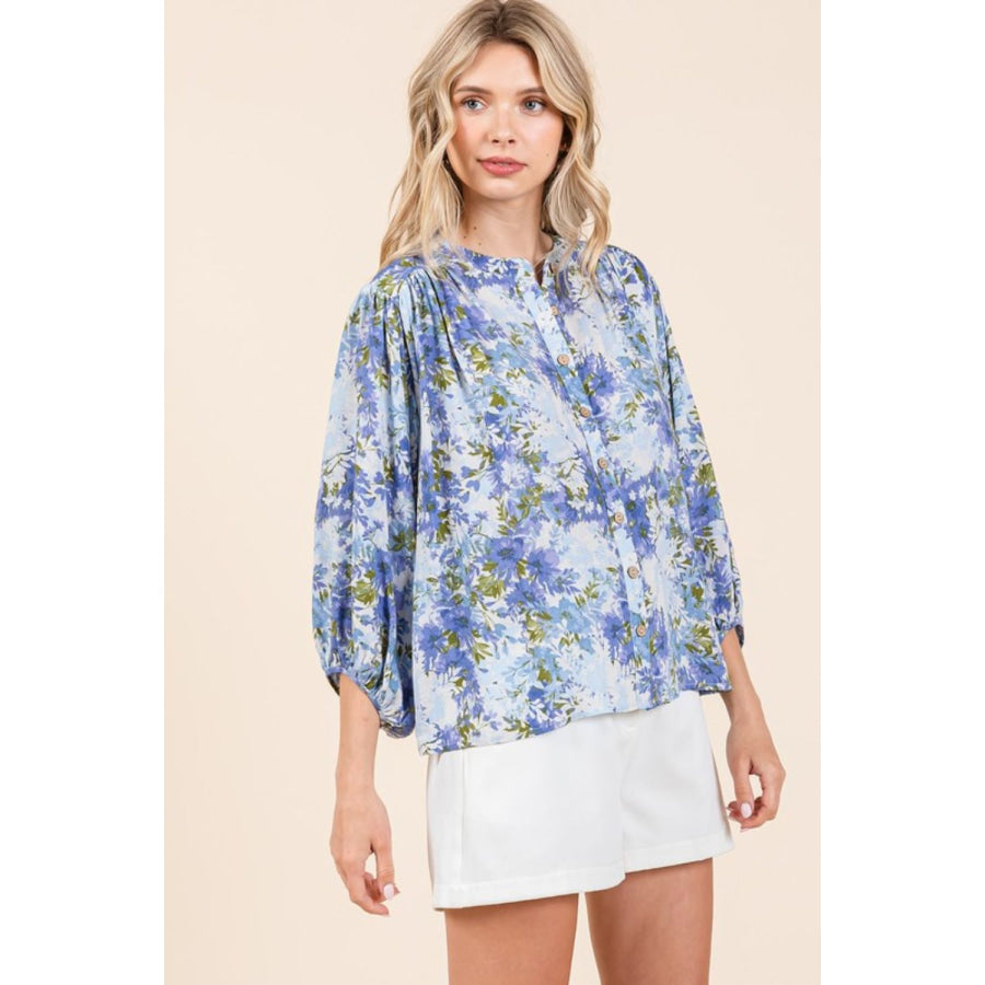 Mittoshop Flower Print Batwing Sleeve Button Down Blouse Apparel and Accessories