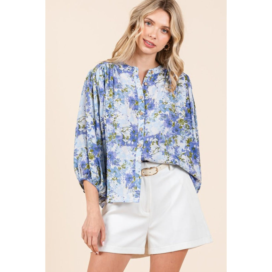 Mittoshop Flower Print Batwing Sleeve Button Down Blouse Apparel and Accessories