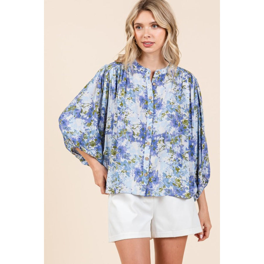 Mittoshop Flower Print Batwing Sleeve Button Down Blouse Apparel and Accessories