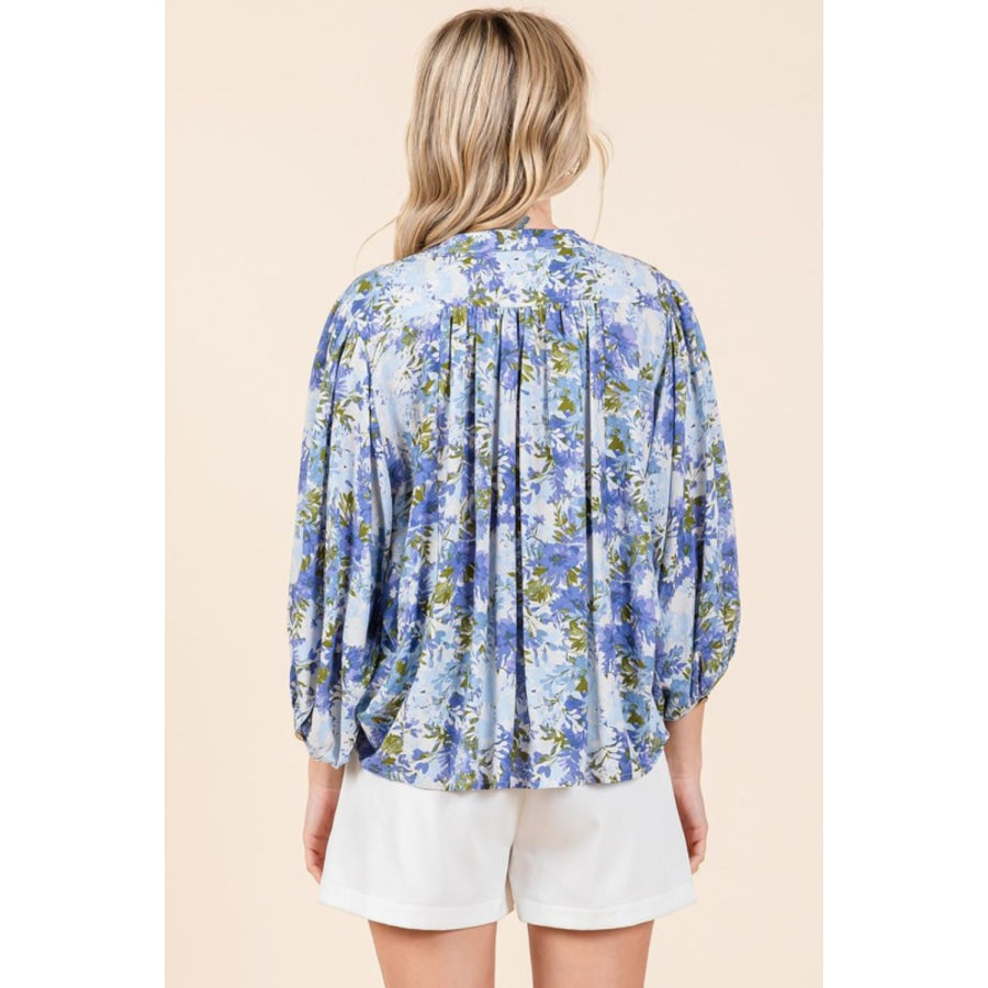 Mittoshop Flower Print Batwing Sleeve Button Down Blouse Apparel and Accessories