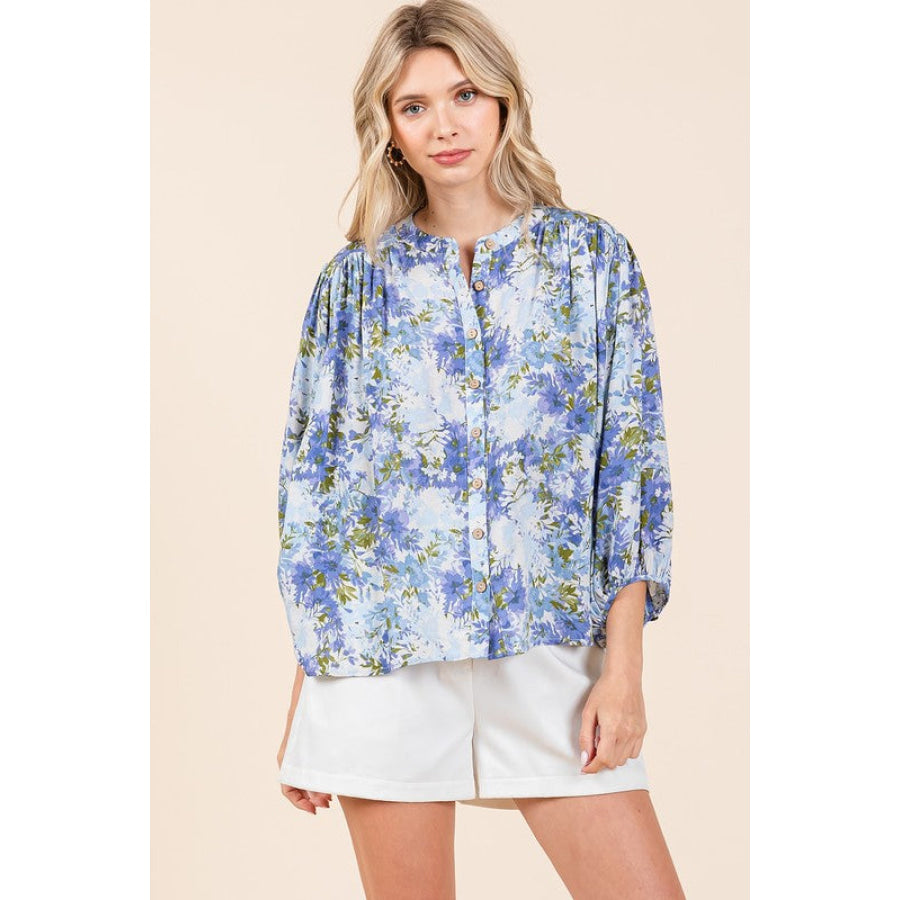 Mittoshop Flower Print Batwing Sleeve Button Down Blouse Blue / S/M Apparel and Accessories