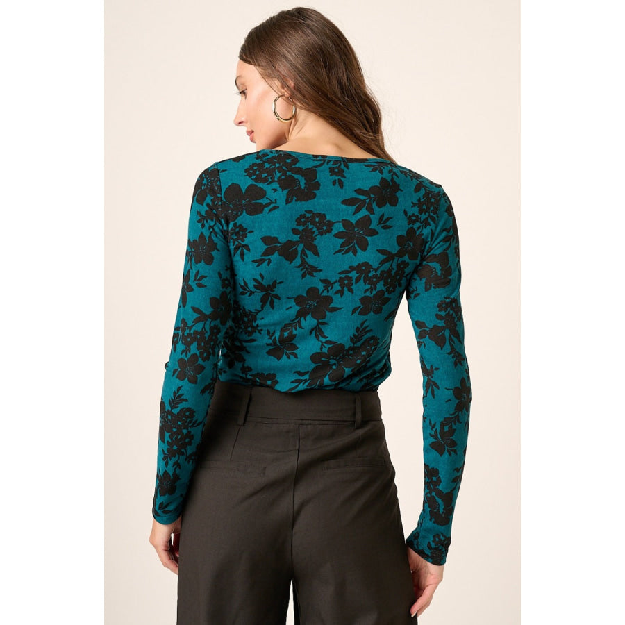 Mittoshop Flower Print Long Sleeve Knit Top Teal / S Apparel and Accessories