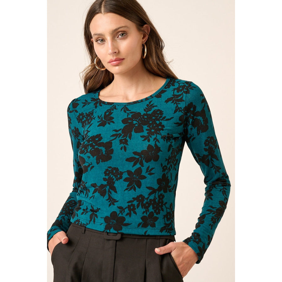 Mittoshop Flower Print Long Sleeve Knit Top Teal / S Apparel and Accessories