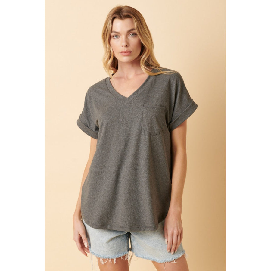 Mittoshop Full Size V - Neck Rolled Short Sleeve T - Shirt Charcoal / S Apparel and Accessories
