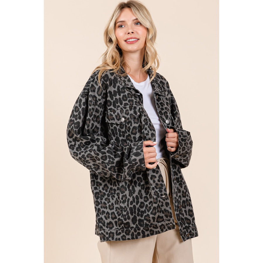 Mittoshop Leopard Button Up Denim Shacket with Breast Pockets Apparel and Accessories