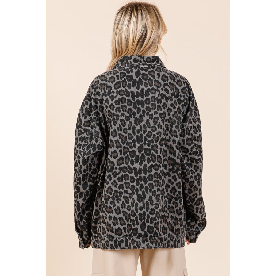 Mittoshop Leopard Button Up Denim Shacket with Breast Pockets Apparel and Accessories