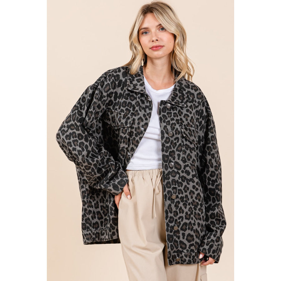 Mittoshop Leopard Button Up Denim Shacket with Breast Pockets Apparel and Accessories