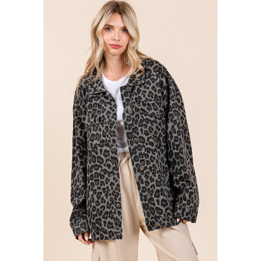 Mittoshop Leopard Button Up Denim Shacket with Breast Pockets Leopard / S Apparel and Accessories